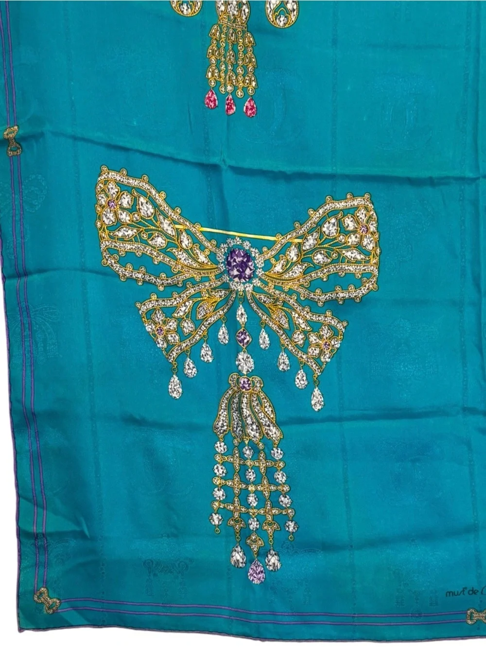 🌈 Cartier Teal “Collection of Brooches” Jewel-Embellished Silk Scarf
